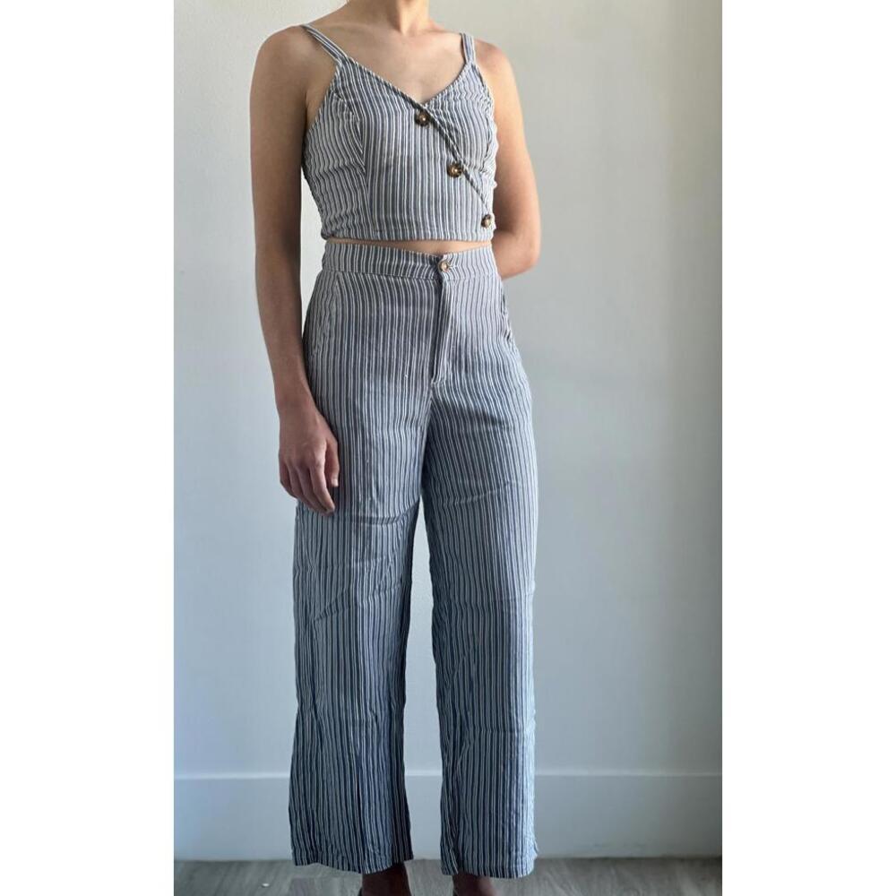 Vintage Striped Cropped Top & Wide-Leg Pants Set